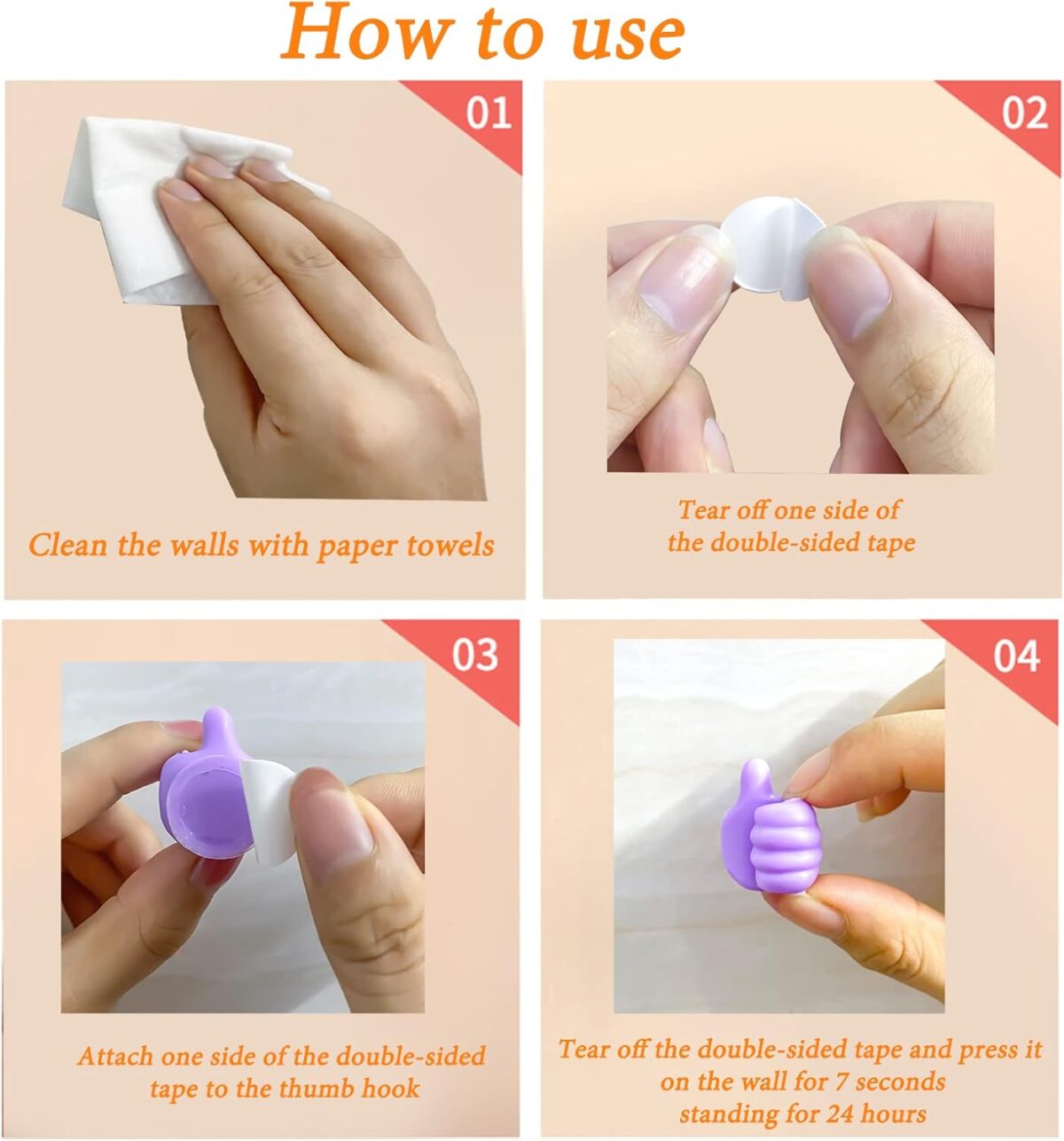 Colorful thumb-shaped cable clips holding a charging wire on a desk