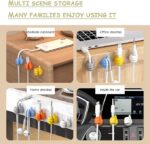 Colorful thumb-shaped cable clips holding a charging wire on a desk