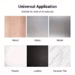 Universal application chart showing the cable organizer works on Wood, Glass, Metal, Plastic, Leather, and Ceramic Tile