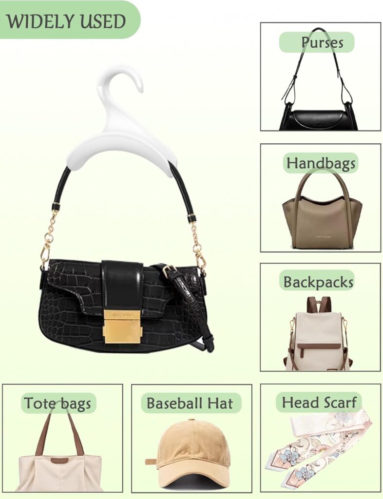 White Purse Hanger for Closet holding a leather handbag on a wardrobe rail