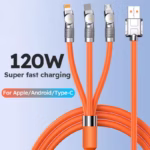 3 in 1 Fast Charging Cable 120W connecting to iPhone, Samsung, and Huawei phones simultaneously