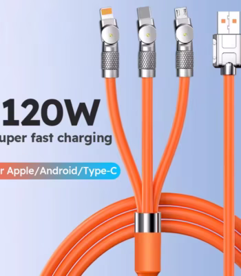 3 in 1 Fast Charging Cable 120W connecting to iPhone, Samsung, and Huawei phones simultaneously