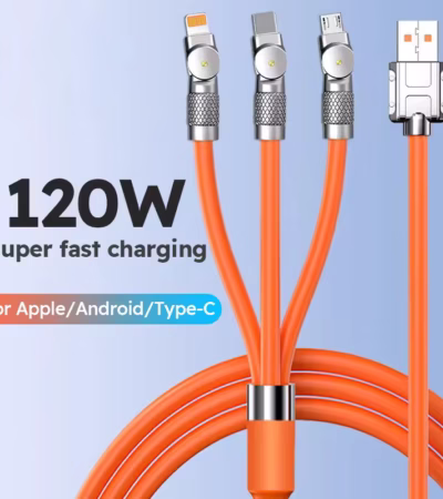 3 in 1 Fast Charging Cable 120W connecting to iPhone, Samsung, and Huawei phones simultaneously