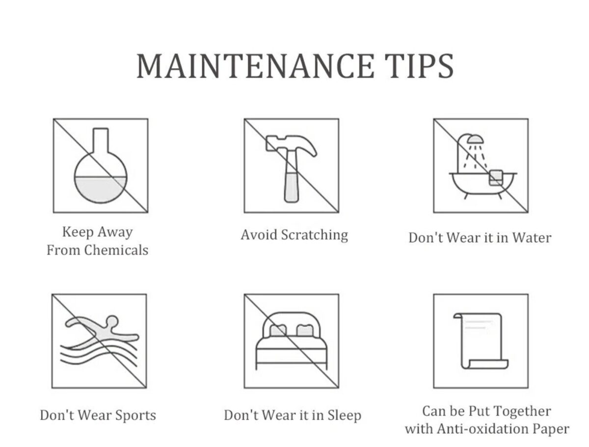 Maintenance guide for the Letter H Infinity Anklet. Tips include avoiding contact with water and sand, not wearing it while swimming, and storing the double-layer chain in a dry place.