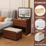 Solid Wood Makeup Table with Stool and Drawers and Foldable LED Light Mirror - Image 4
