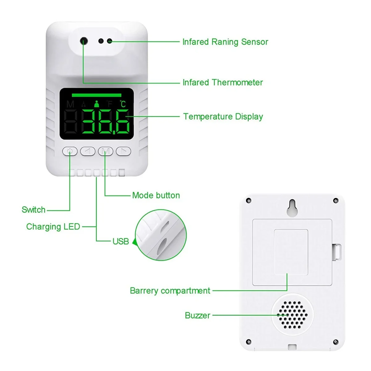 Wall Mounted Infrared Thermometer scanning temperature with red alarm light