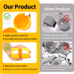 A yellow and orange Stainless Steel Eggshell Separator tool showing how it cracks and separates eggs.