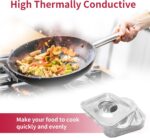 Hand holding a silver disposable square aluminum stove burner cover with a round center hole.