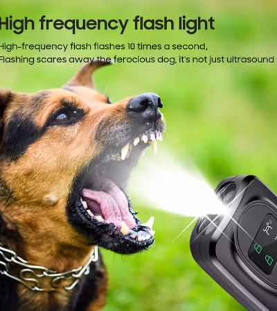 Dual-headed ultrasonic dog repeller and bark control device for training and safety.