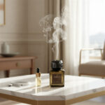 Luxury 200ml transparent reed diffuser bottle with black reeds on a modern table