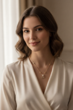 A woman wearing a Valentino Garavani VLogo Signature necklace with a pearl and Swarovski crystal pendant on a gold-tone chain.