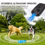 Dual-headed ultrasonic dog repeller and bark control device for training and safety.
