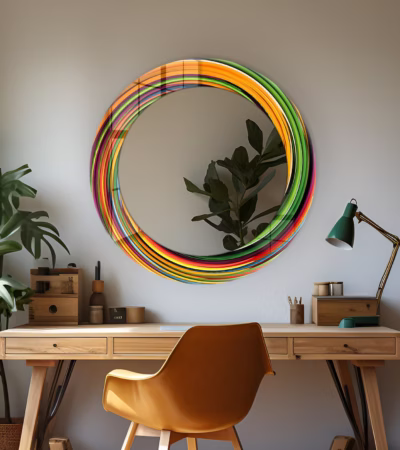 Round tempered glass wall mirror with colorful abstract swirl pattern frame on a marble wall