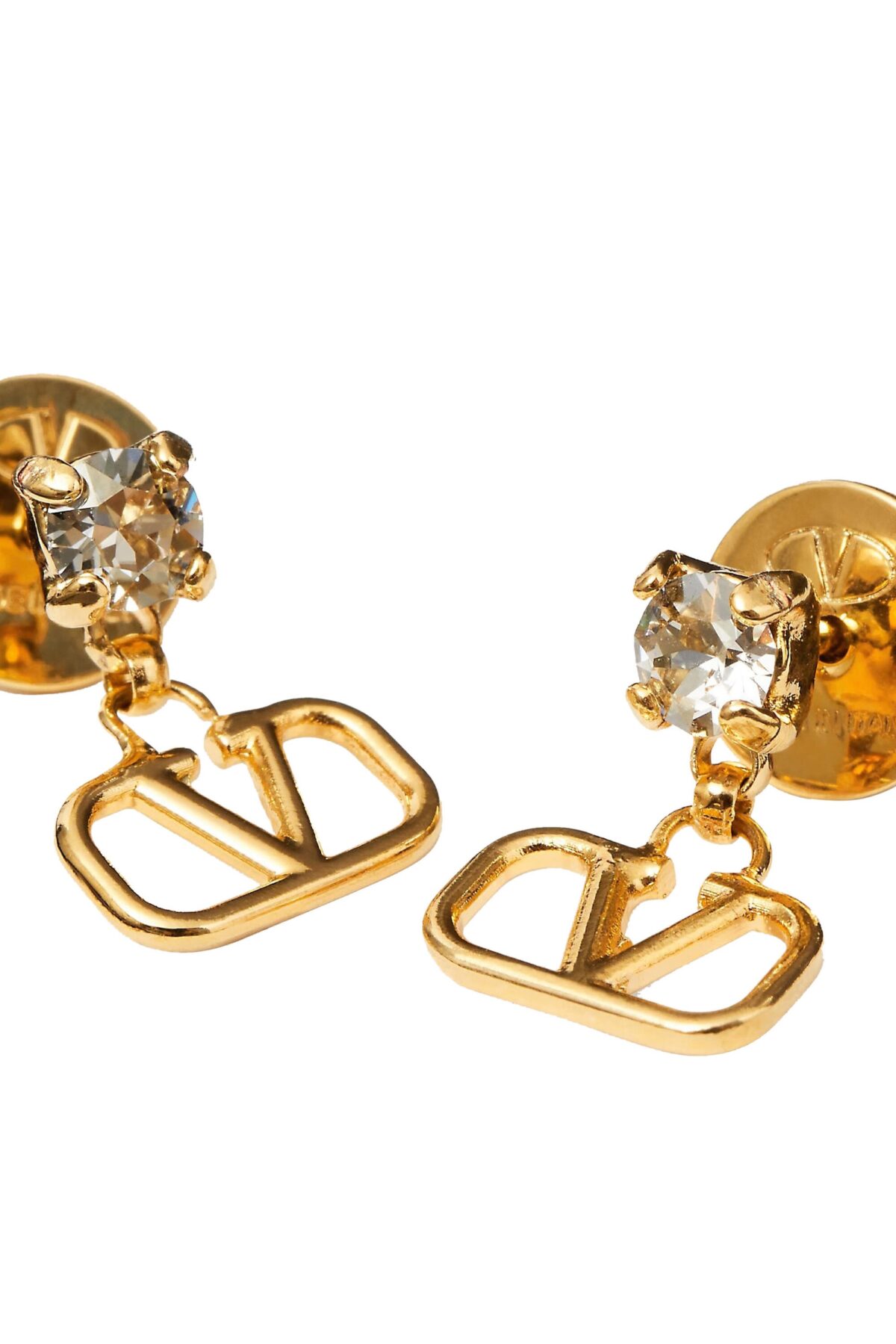 Pair of Valentino Garavani VLogo earrings in 18kt gold-plated brass with Swarovski crystal studs.