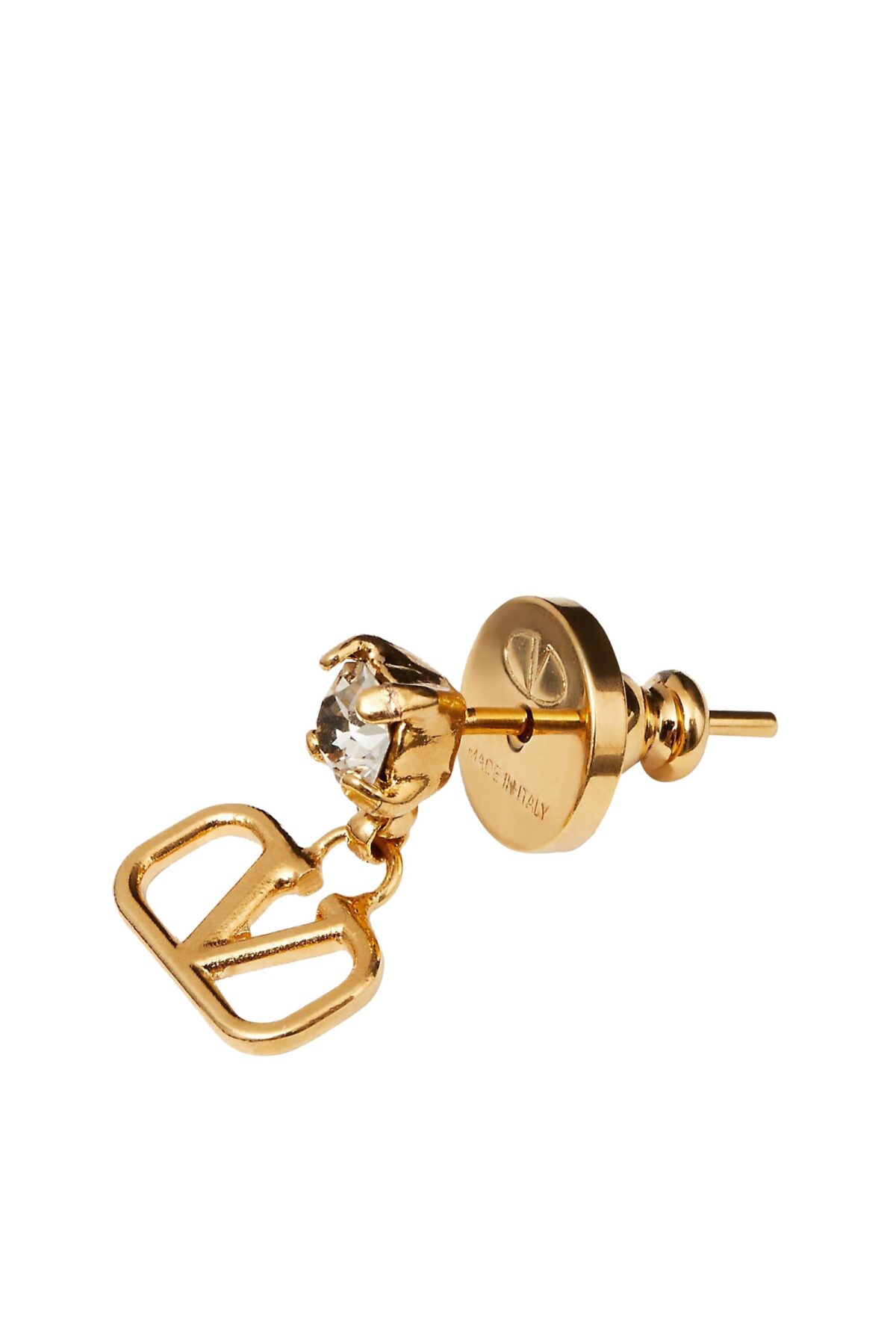 Pair of Valentino Garavani VLogo earrings in 18kt gold-plated brass with Swarovski crystal studs.