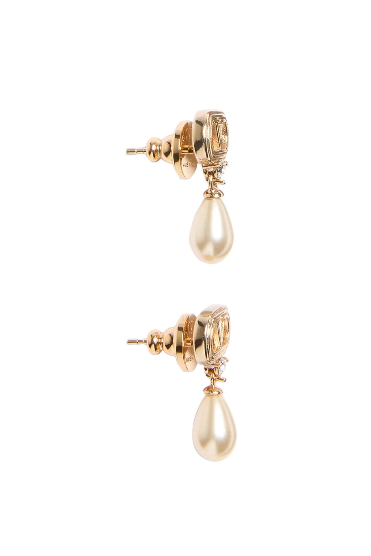Valentino Garavani Ovalette earrings featuring gold-tone VLogo, Swarovski crystals, and pearl drops.