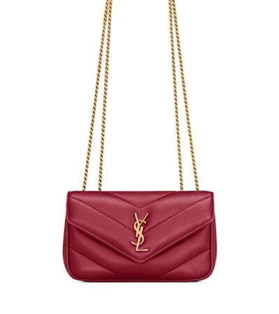 Front view of Saint Laurent Loulou Mini Shoulder Bag in black quilted lambskin leather.