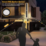 Long minimalist black LED wall light with acrylic enclosure on a modern exterior wall