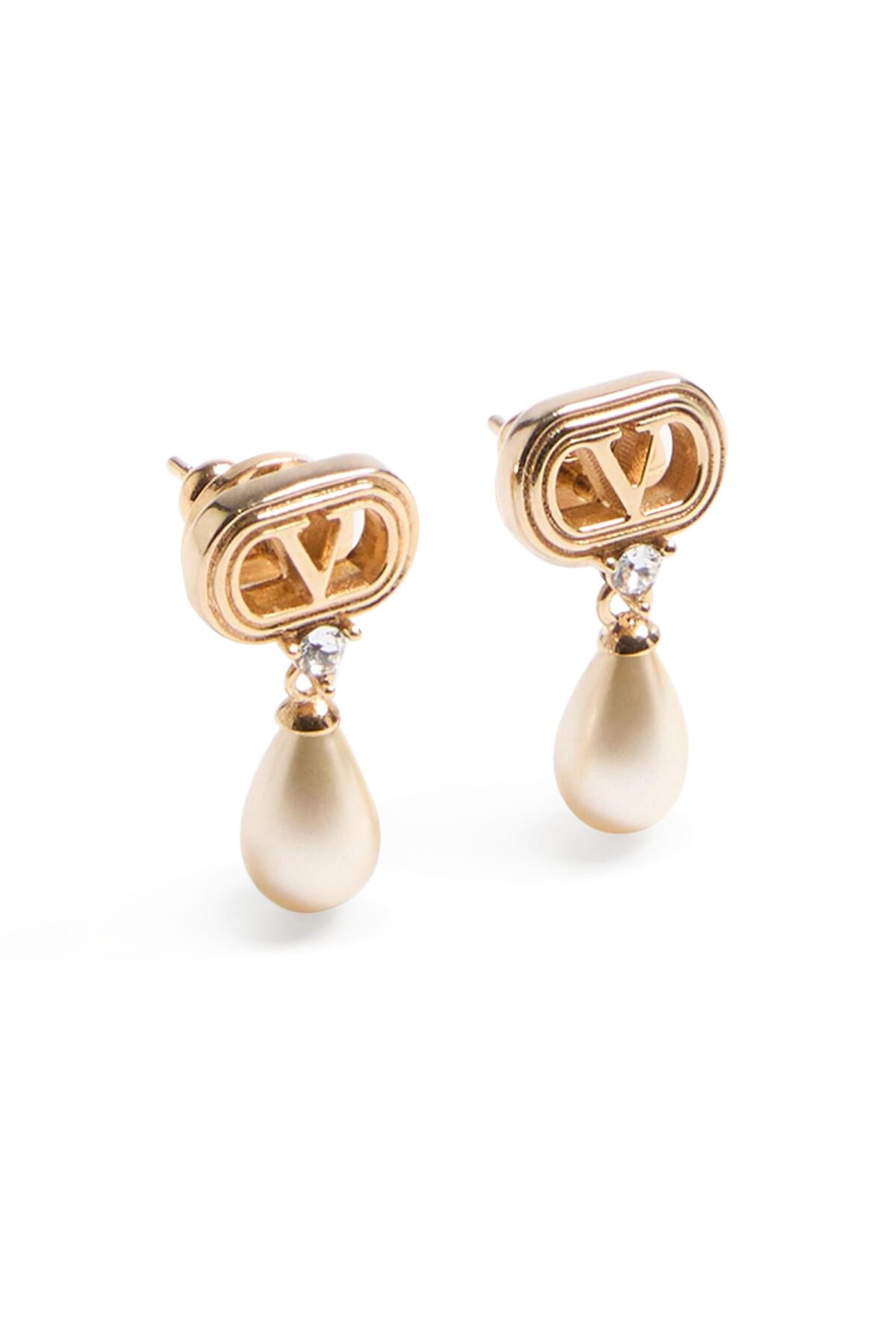 Valentino Garavani Ovalette earrings featuring gold-tone VLogo, Swarovski crystals, and pearl drops.