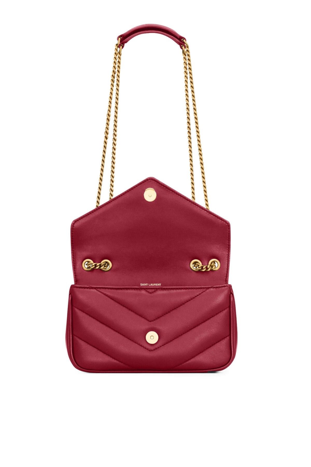 Front view of Saint Laurent Loulou Mini Shoulder Bag in black quilted lambskin leather.