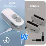 Handheld white mini bag sealer with USB-C port sealing a plastic potato chip bag.