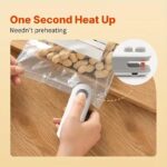Handheld white mini bag sealer with USB-C port sealing a plastic potato chip bag.