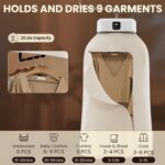 A split-view image showing the clothes dryer in its compact folded state next to its unfolded setup with clothes hanging inside, highlighting the blue UV light and the digital remote control.