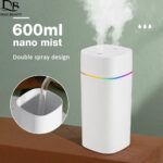 White 600ml portable nano mist humidifier with double spray nozzles and LED lights.