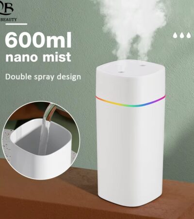 White 600ml portable nano mist humidifier with double spray nozzles and LED lights.