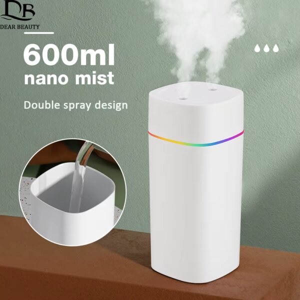 White 600ml portable nano mist humidifier with double spray nozzles and LED lights.