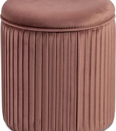 Round rose gold velvet ottoman with a unique pleated wrinkle design and plush padded top.