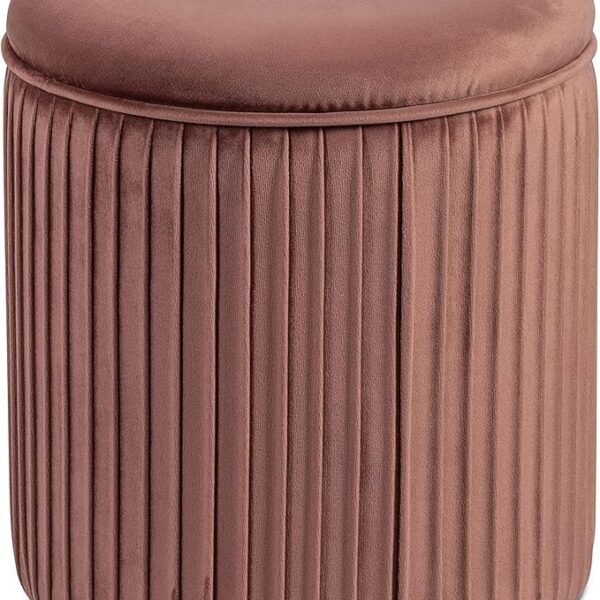 Round rose gold velvet ottoman with a unique pleated wrinkle design and plush padded top.