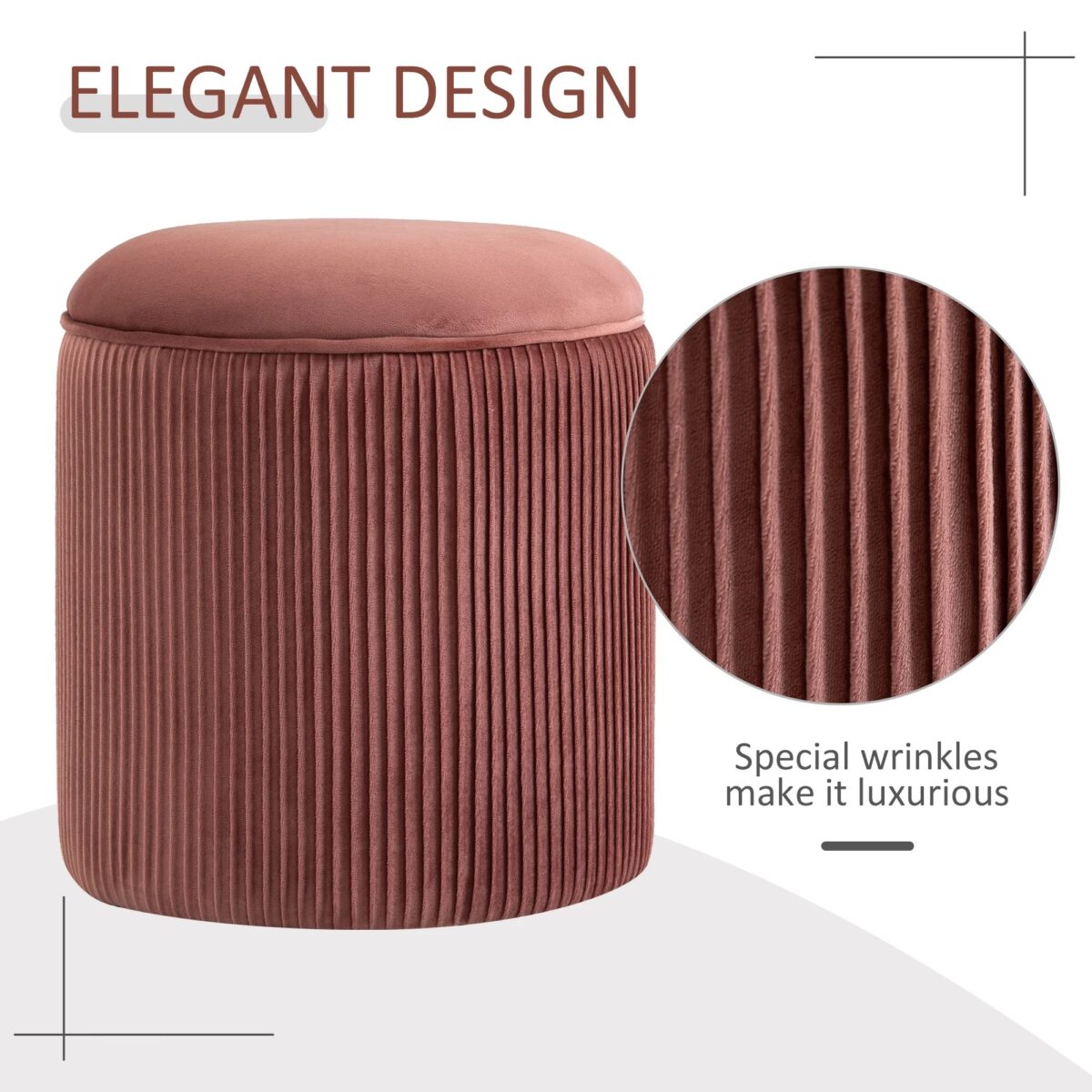 Round rose gold velvet ottoman with a unique pleated wrinkle design and plush padded top.