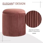 Round rose gold velvet ottoman with a unique pleated wrinkle design and plush padded top.