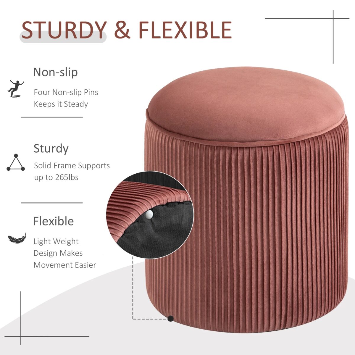 Round rose gold velvet ottoman with a unique pleated wrinkle design and plush padded top.