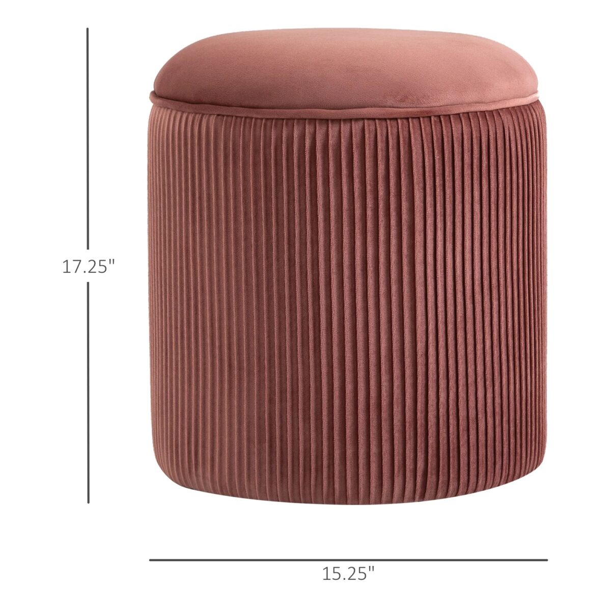 Round rose gold velvet ottoman with a unique pleated wrinkle design and plush padded top.