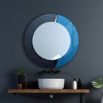 A collage showing horizontal, round, and vertical full-length mirrors with mandala and blue abstract UV-printed designs on tempered glass.