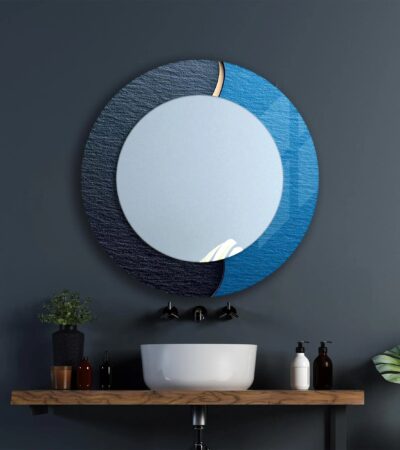 A collage showing horizontal, round, and vertical full-length mirrors with mandala and blue abstract UV-printed designs on tempered glass.