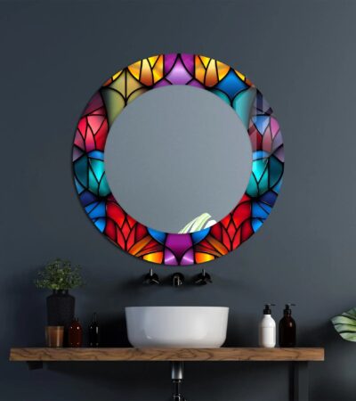 A 39.3-inch square tempered glass wall mirror with a vivid UV-printed design and polished edges.