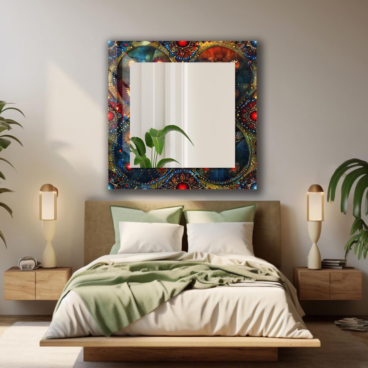 Large square wall mirror with a colorful Mandala UV printed border on 4mm tempered safety glass.