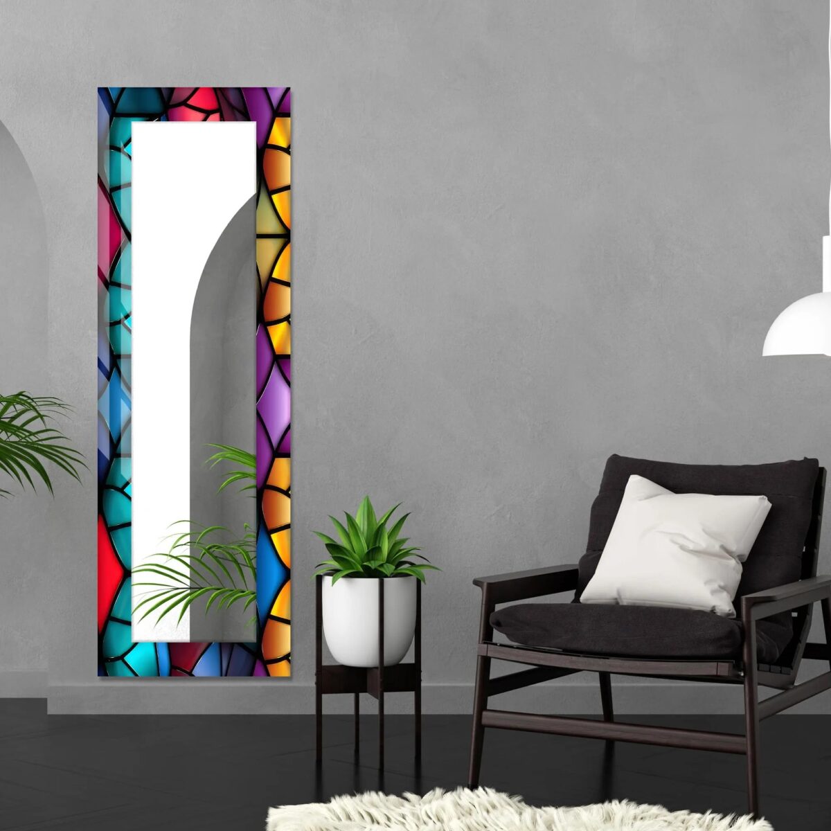 A 39.3-inch square tempered glass wall mirror with a vivid UV-printed design and polished edges.