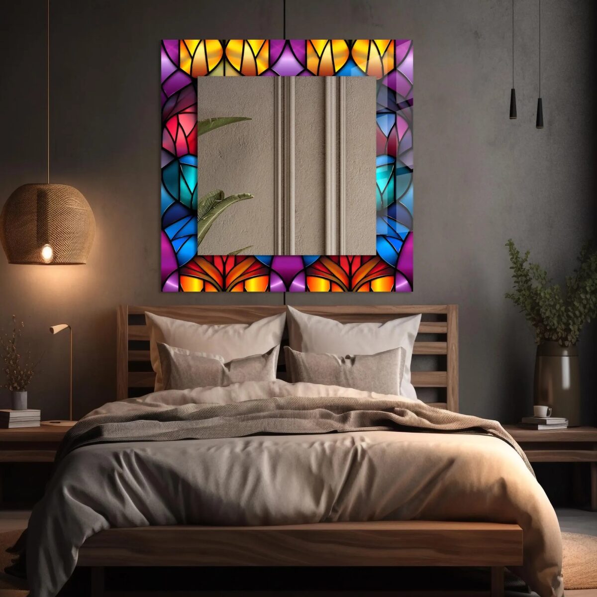 A 39.3-inch square tempered glass wall mirror with a vivid UV-printed design and polished edges.
