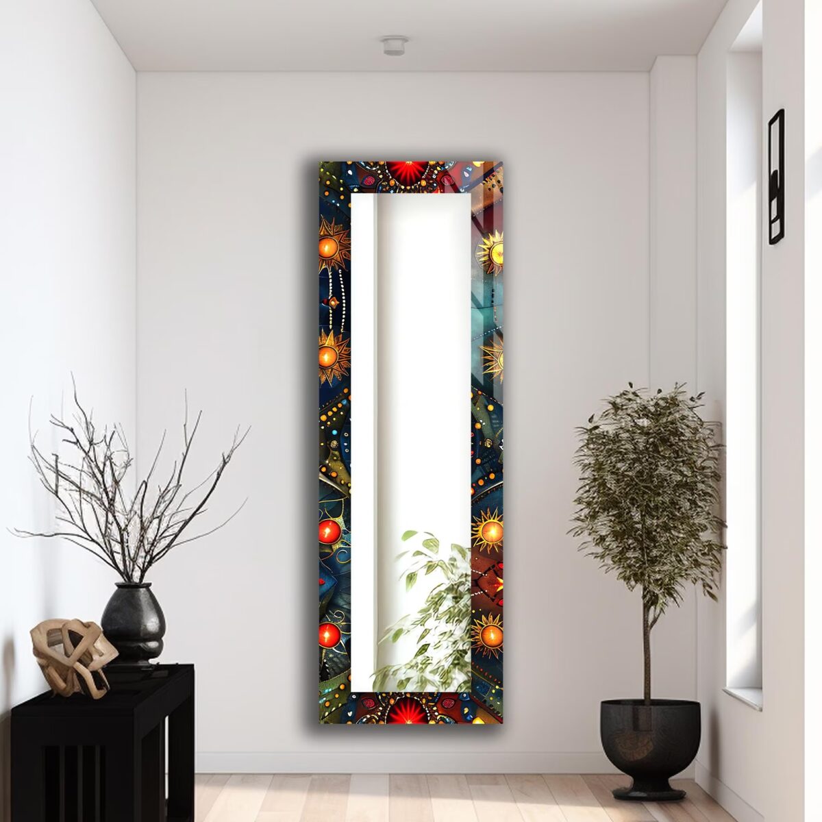 Large square wall mirror with a colorful Mandala UV printed border on 4mm tempered safety glass.