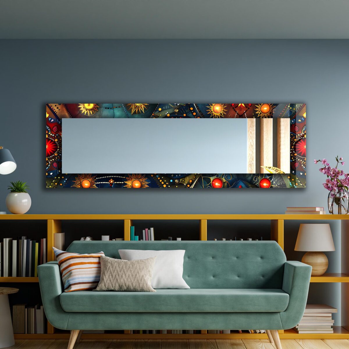 Large square wall mirror with a colorful Mandala UV printed border on 4mm tempered safety glass.