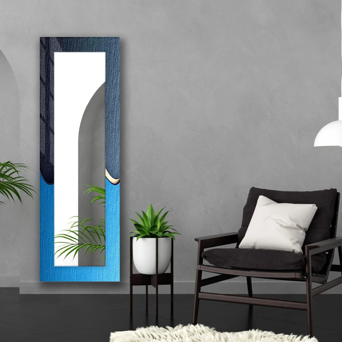 A collage showing horizontal, round, and vertical full-length mirrors with mandala and blue abstract UV-printed designs on tempered glass.