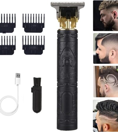 Close-up of a black T-style zero-gap hair clipper with stainless steel blades and guide combs.