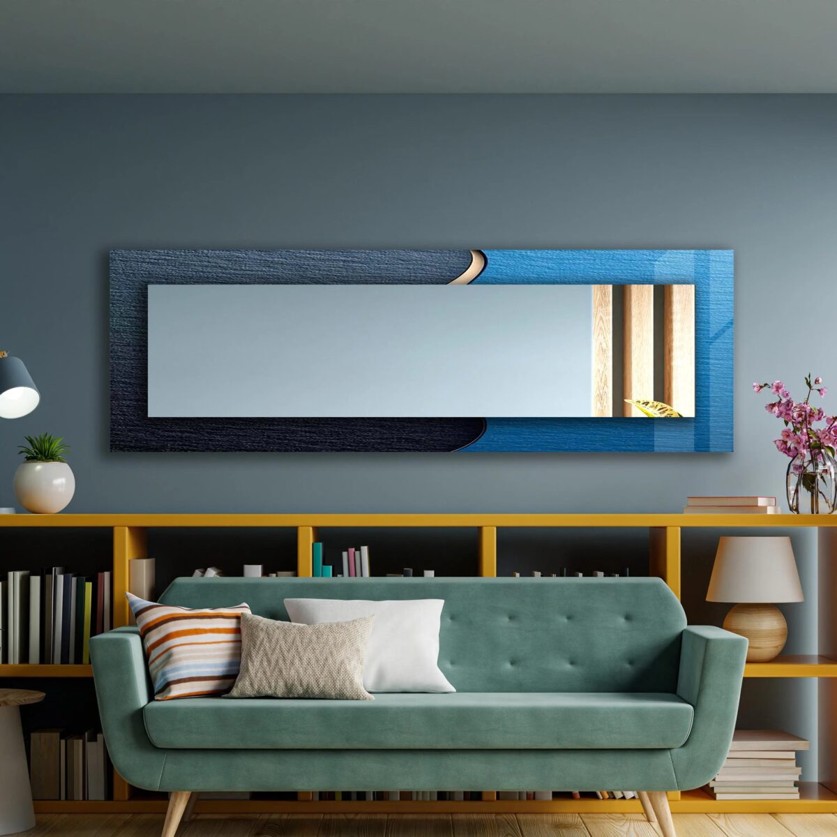 A collage showing horizontal, round, and vertical full-length mirrors with mandala and blue abstract UV-printed designs on tempered glass.