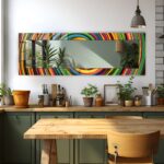 Vertical tempered glass wall mirror with a colourful abstract swirl-pattern frame on a marble wall