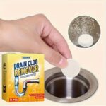 Box of EAREPIS Drain Clog Remover Tablets next to a graphic showing clear water flow through a pipe.