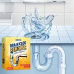 Box of EAREPIS Drain Clog Remover Tablets next to a graphic showing clear water flow through a pipe.